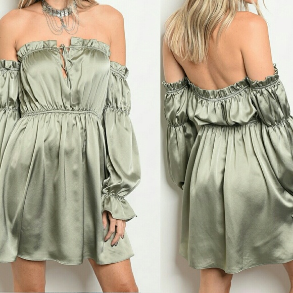 Olive Satin Blouson Off Shoulder Cocktail Dress - Picture 3 of 4